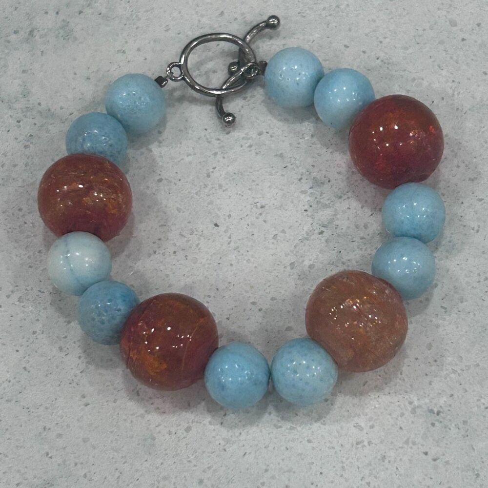 Vtg Gemstone Beaded Bracelet Women's Size 7 Light Blue And Orange Stone Beads